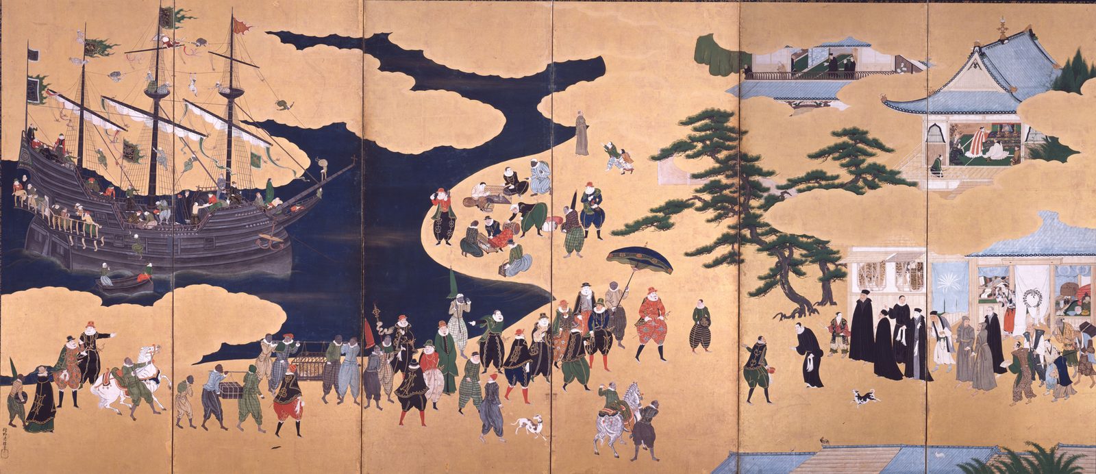 Nanban byōbu folding screen by Kanō Naizen: Portuguese merchants and missionaries arriving in a Japanese port