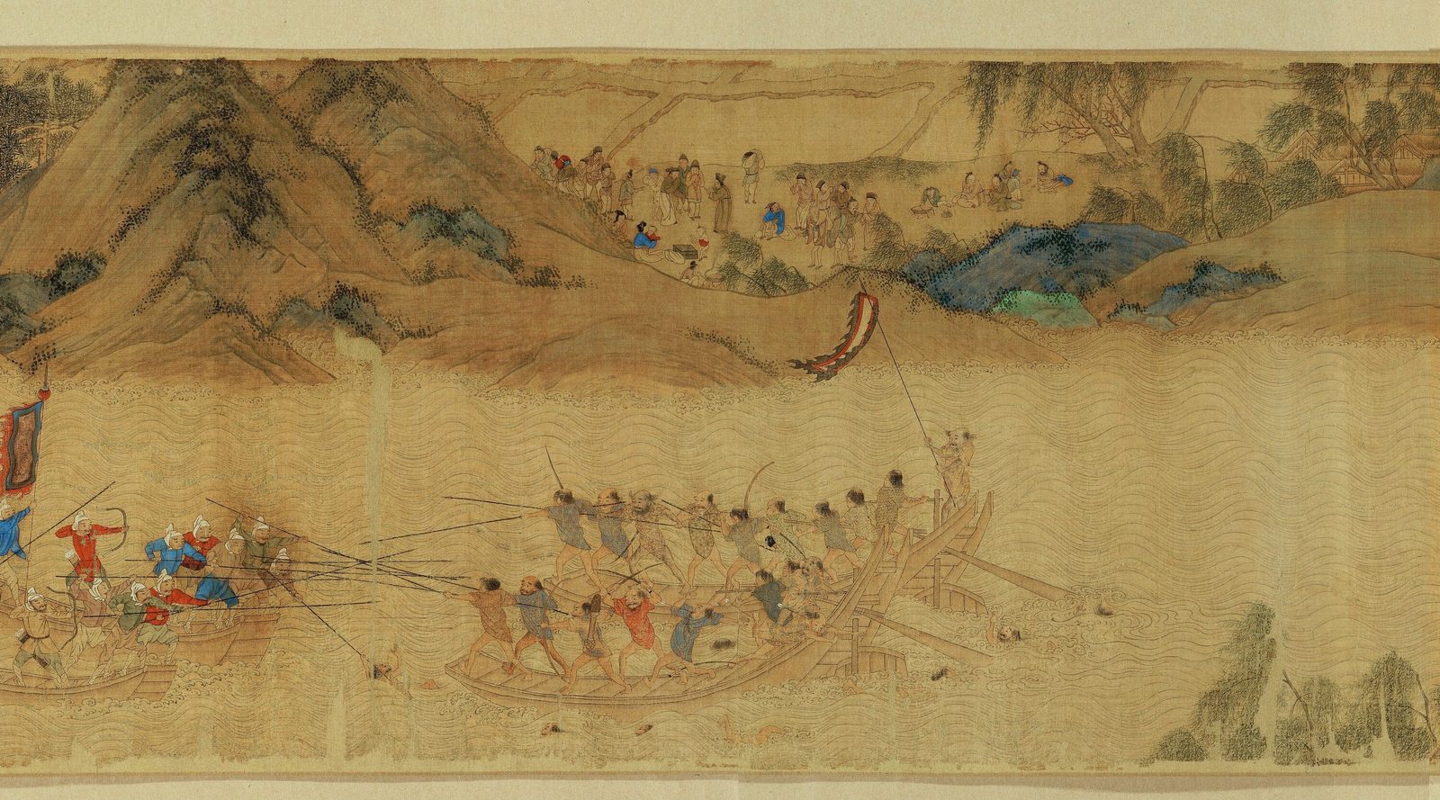 倭寇が小舟から明の兵と戦い、村人たちが内陸へ逃げる場面。後代の中国の絵巻に描かれたもので、対馬・壱岐・松浦沿岸を拠点とした、宋希璟が何世代も前に記録したのと同じ海賊網である