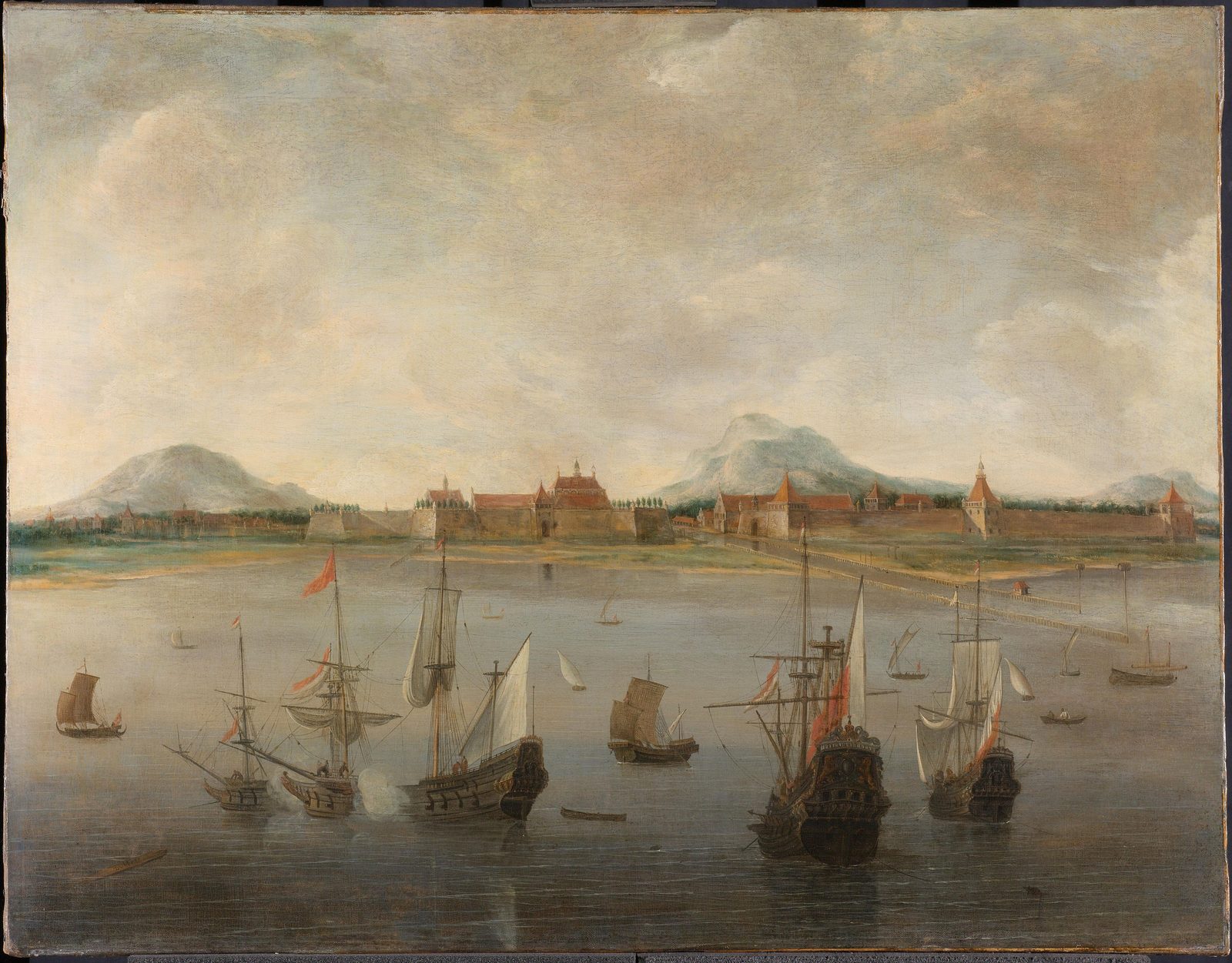 Oil painting of Dutch ships at anchor off a walled harbor town with red-roofed towers, a long pier running out across the water and blue mountains beyond