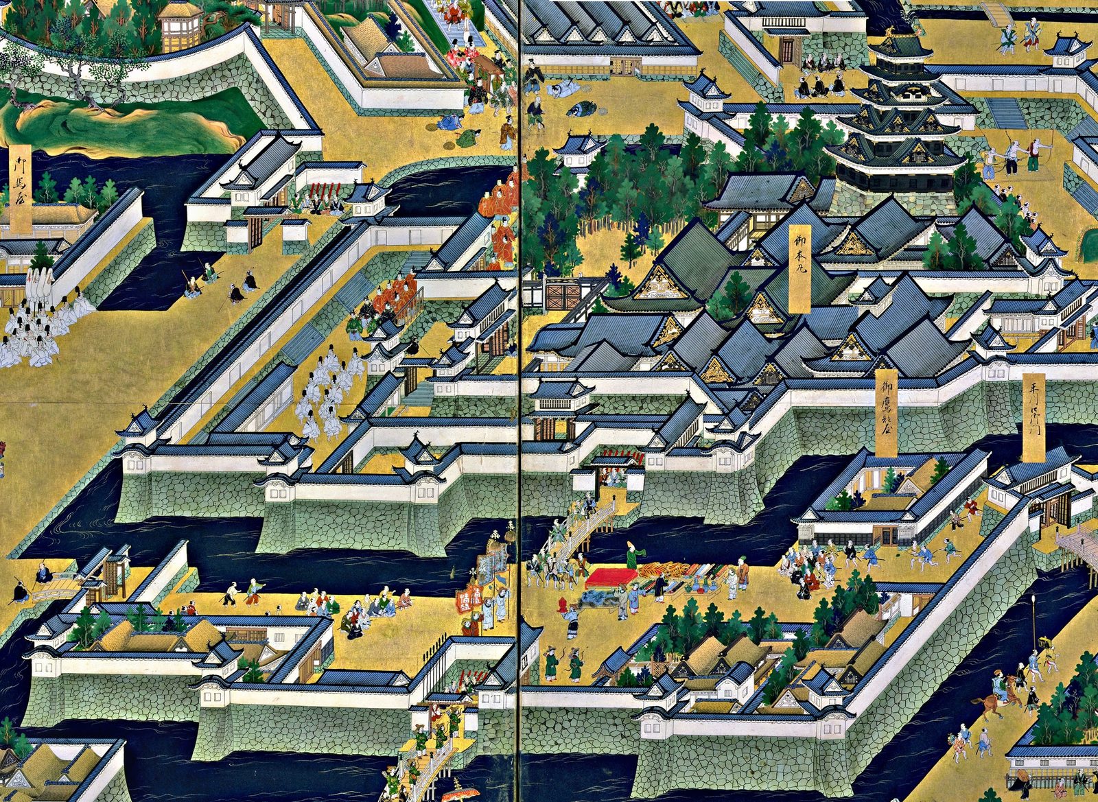 Detail of a gold-ground folding screen: a five-story castle keep and gabled halls rise behind white-walled stone ramparts and dark moats crossed by bridges