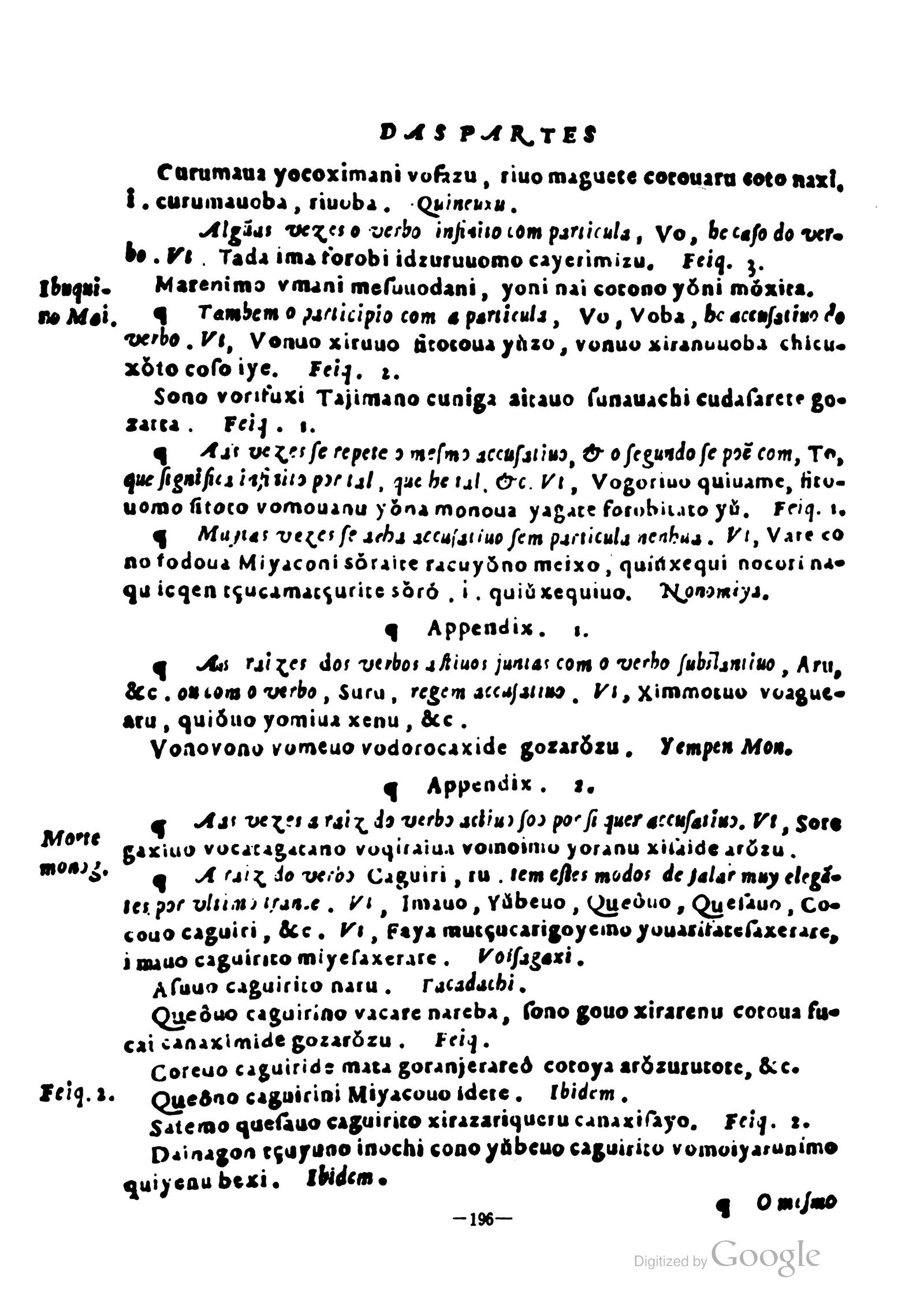 A printed page of João Rodrigues's Arte da Lingoa de Iapam, 1604: italic Portuguese text interspersed with romanized Japanese examples and marginal notes