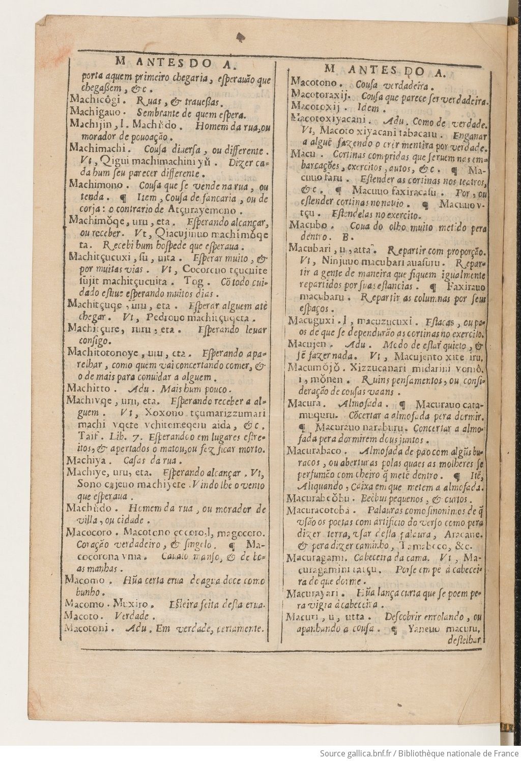 A two-column page of the Vocabulario da Lingoa de Iapam, 1603: italic Japanese headwords under 'M' followed by their definitions in Portuguese prose