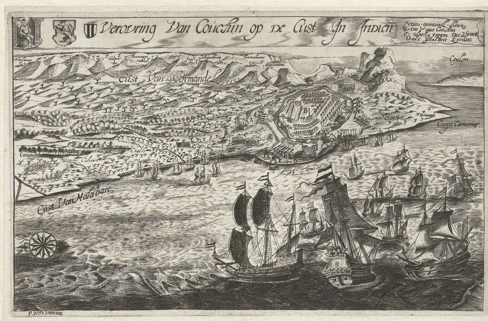 Engraved view of a walled coastal city below a range of mountains, with a fleet of sailing ships flying striped flags crossing the bay in the foreground