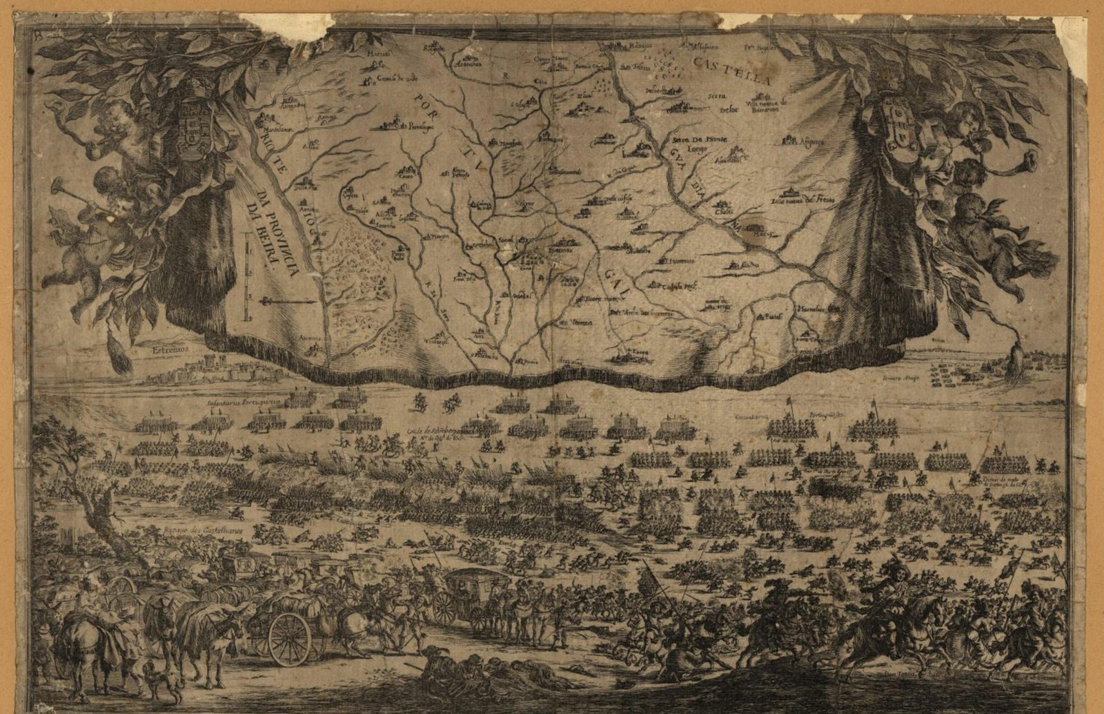 Etching of a battle beneath a map printed on a draped banner: ranks of infantry and cavalry clash across a plain, with wagons, a coach and horsemen in front