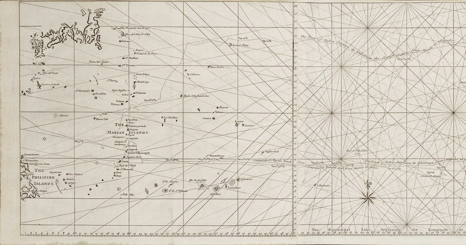 日本、フィリピン、マリアナ諸島を描いた西太平洋の銅版海図。スペインのガレオン船がアカプルコへ向かった航跡が点線で記されている