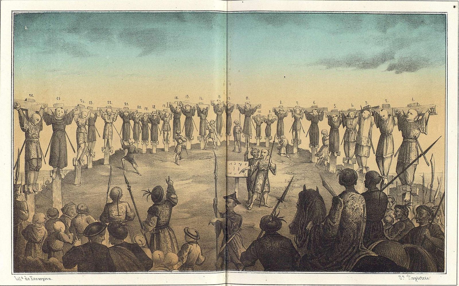 Hand-colored lithograph of the executions at Nagasaki: 26 numbered figures on crosses in an arc on a bare hilltop, a man with a placard at center
