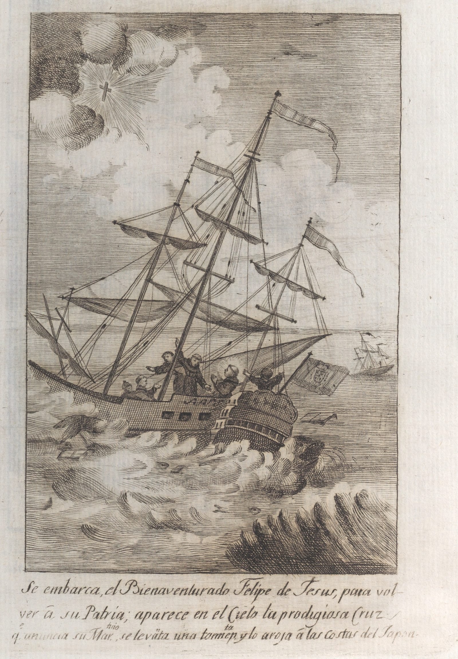 Engraving of a storm-battered galleon heeling under bare masts as figures on deck, several in friars' habits, raise their arms to a radiant cross in the clouds