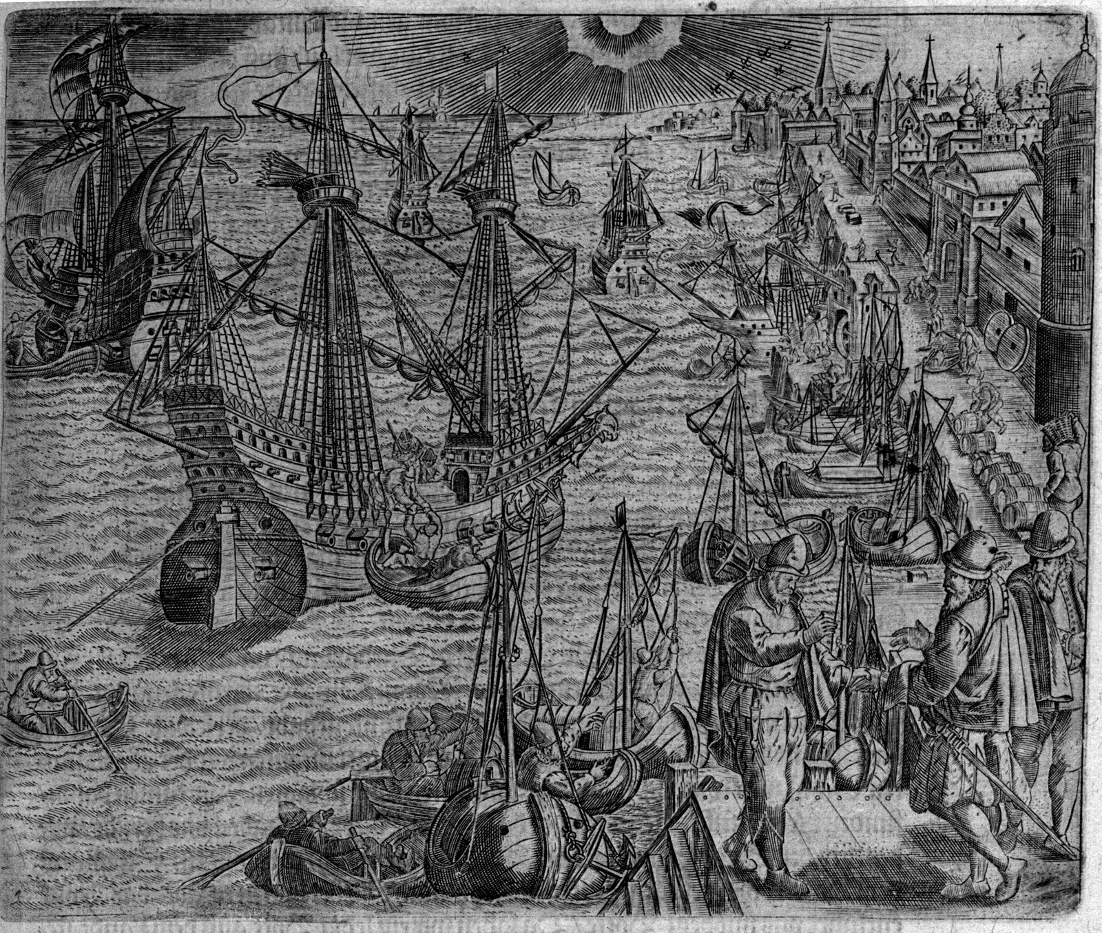 A 1593 European engraving of Portuguese ships preparing to depart from Lisbon, evoking the seaborne trade that made Macao's fortunes and, in 1639, broke them