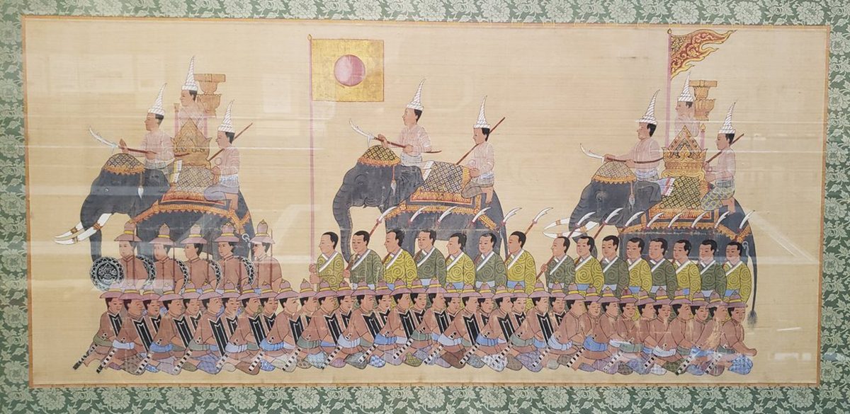 A period painting, original circa 1627, of the volunteer army led by Yamada Nagamasa, the red-seal merchant-turned-mercenary who rose to become the senior military commander of Ayutthaya