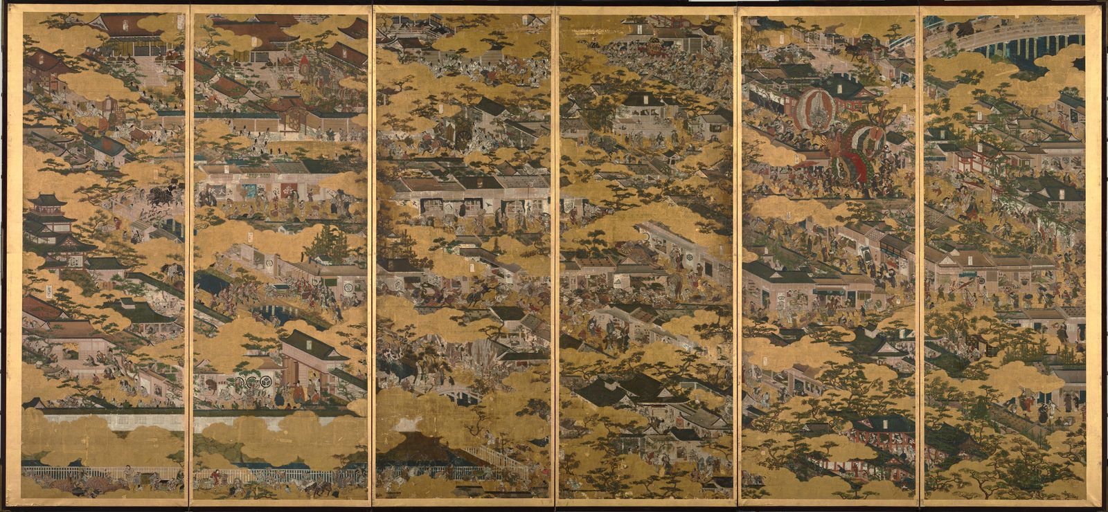 1615年頃に描かれた京都の風俗を描く屏風。イエズス会士ジョアン・ロドリゲスが、秀吉の新たな身分秩序のもとで平地に築かれていく城下町の様子を記した時期に近い