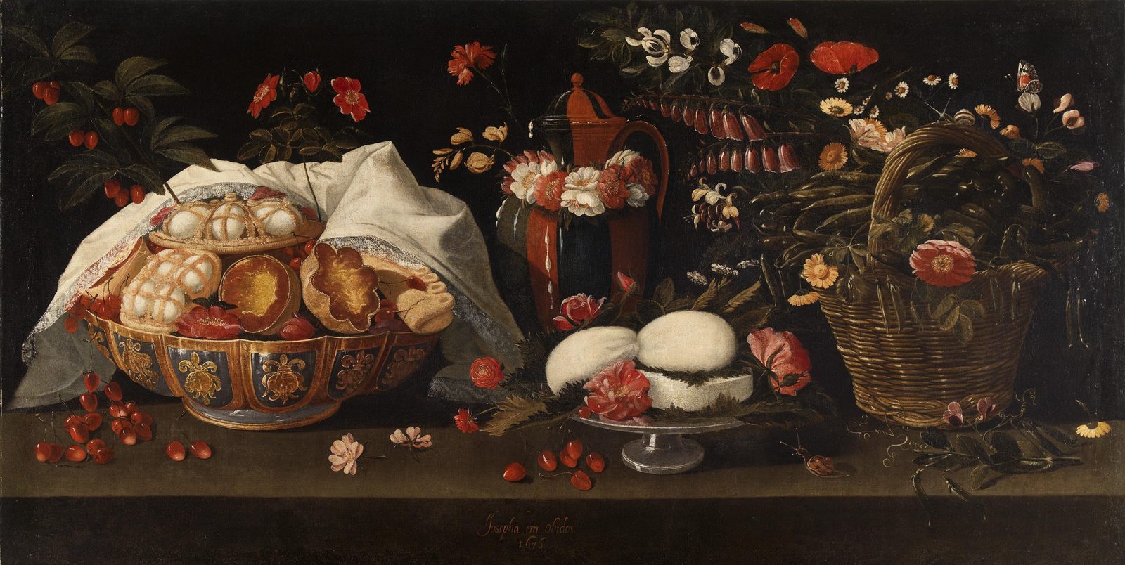 Still life signed 'Josepha em Obidos 1676': pastries under a lace-edged cloth, sweets on a glass stand, a flower-decked red jug, a basket of pods and cherries