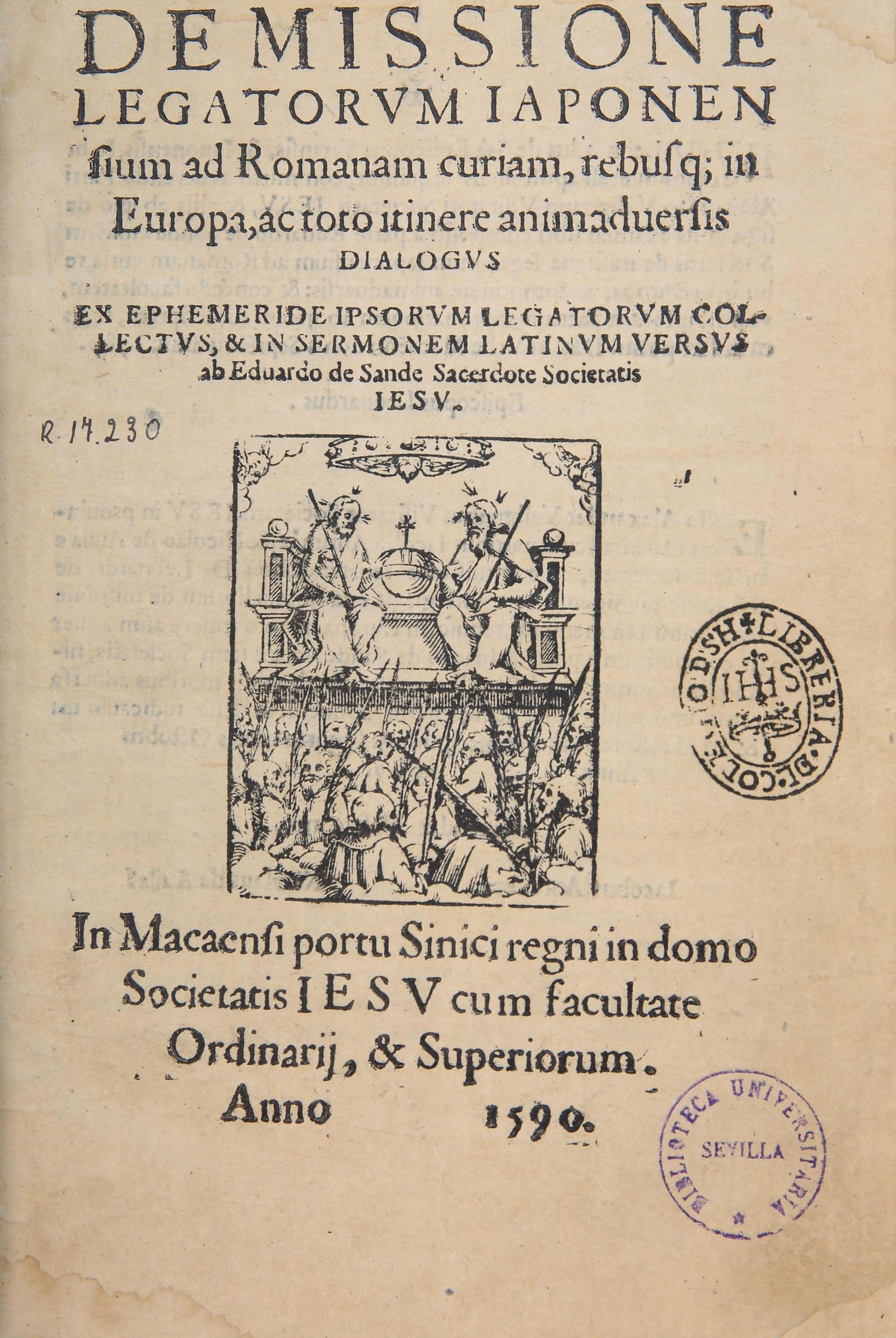 Title page of a Latin book printed at Macao in 1590, with a woodcut of two enthroned figures above a crowd holding palm branches
