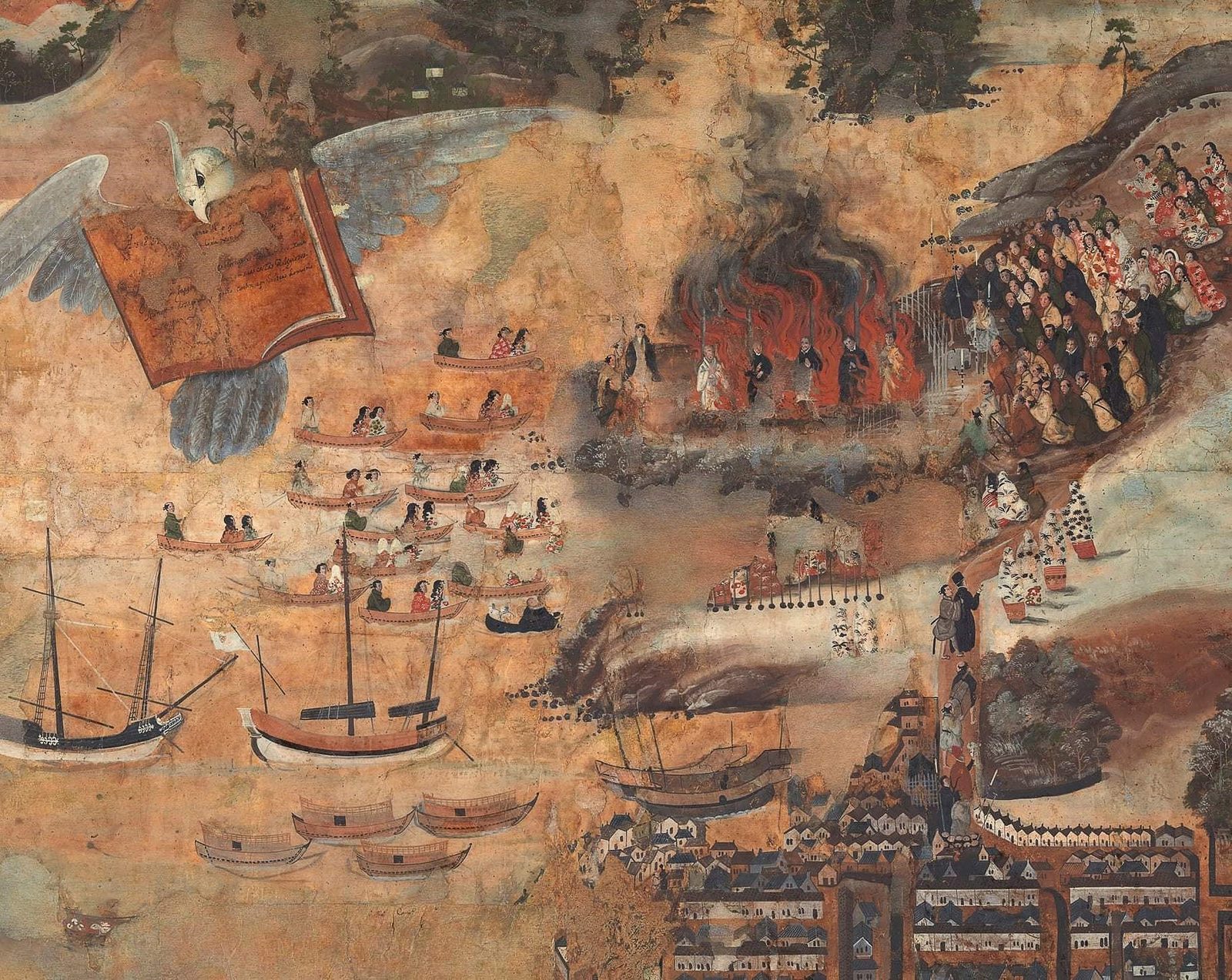 Pintura de cinco figuras de hábito a arder em fogueiras numa colina sobre um porto, barcos com espectadores e um livro alado no canto superior esquerdo.