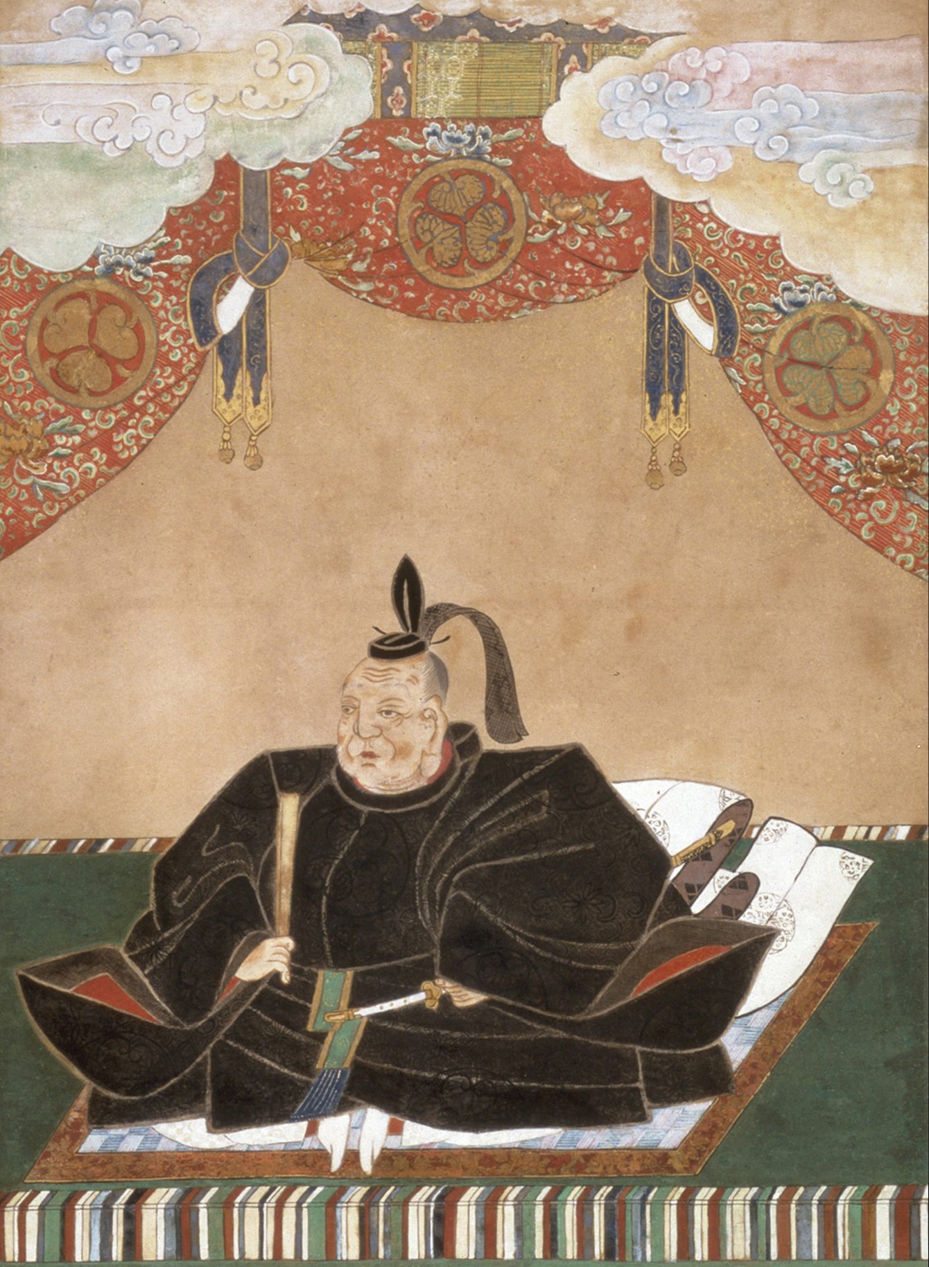 Late portrait of Tokugawa Ieyasu beneath curtains bearing the Tokugawa crest