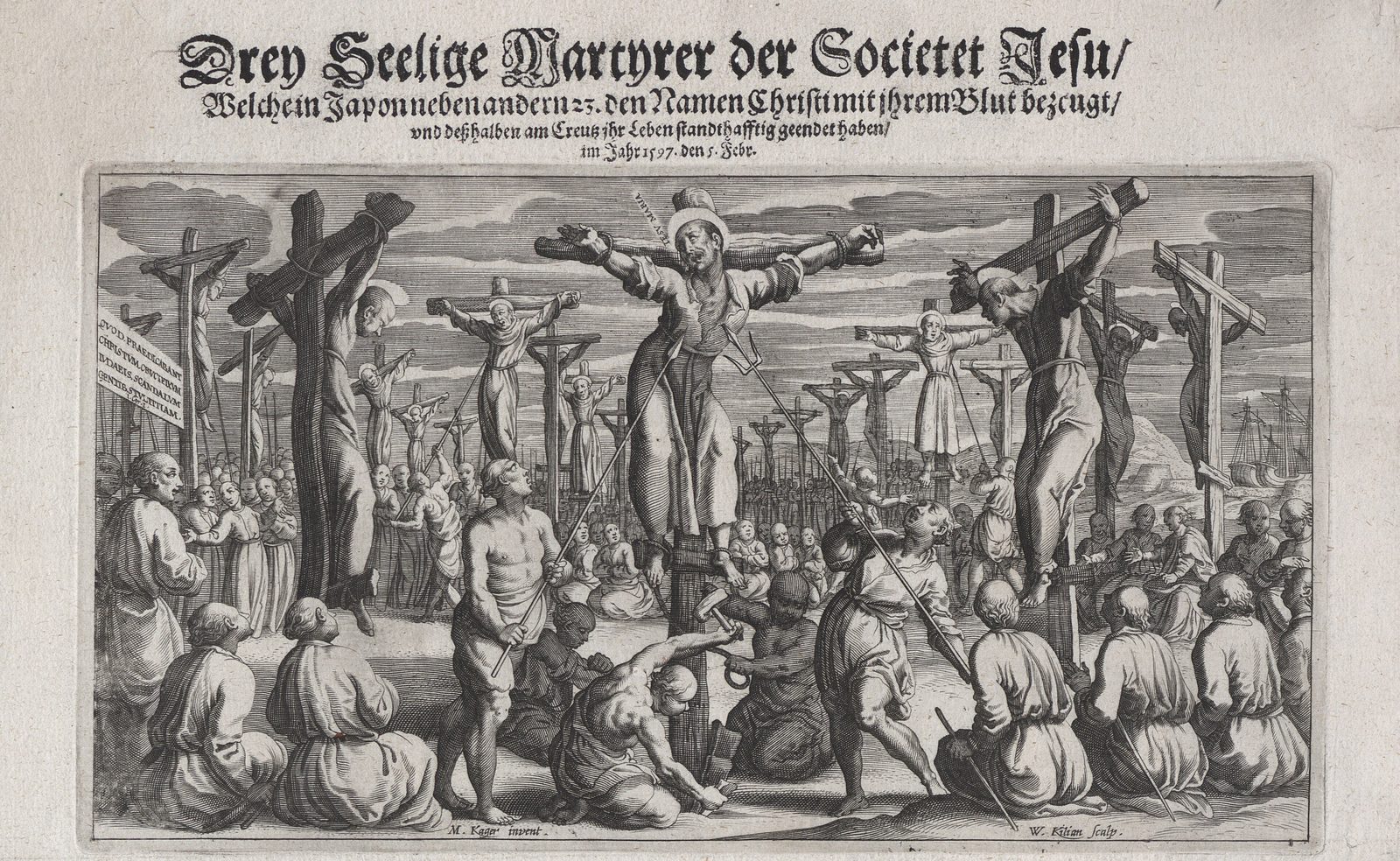 Drey Seelige Martyrer der Societet Jesu, a folha volante de Augsburgo de 1628: a fila de cruzes em Nishizaka, com os três jesuítas japoneses em primeiro plano e os franciscanos atrás
