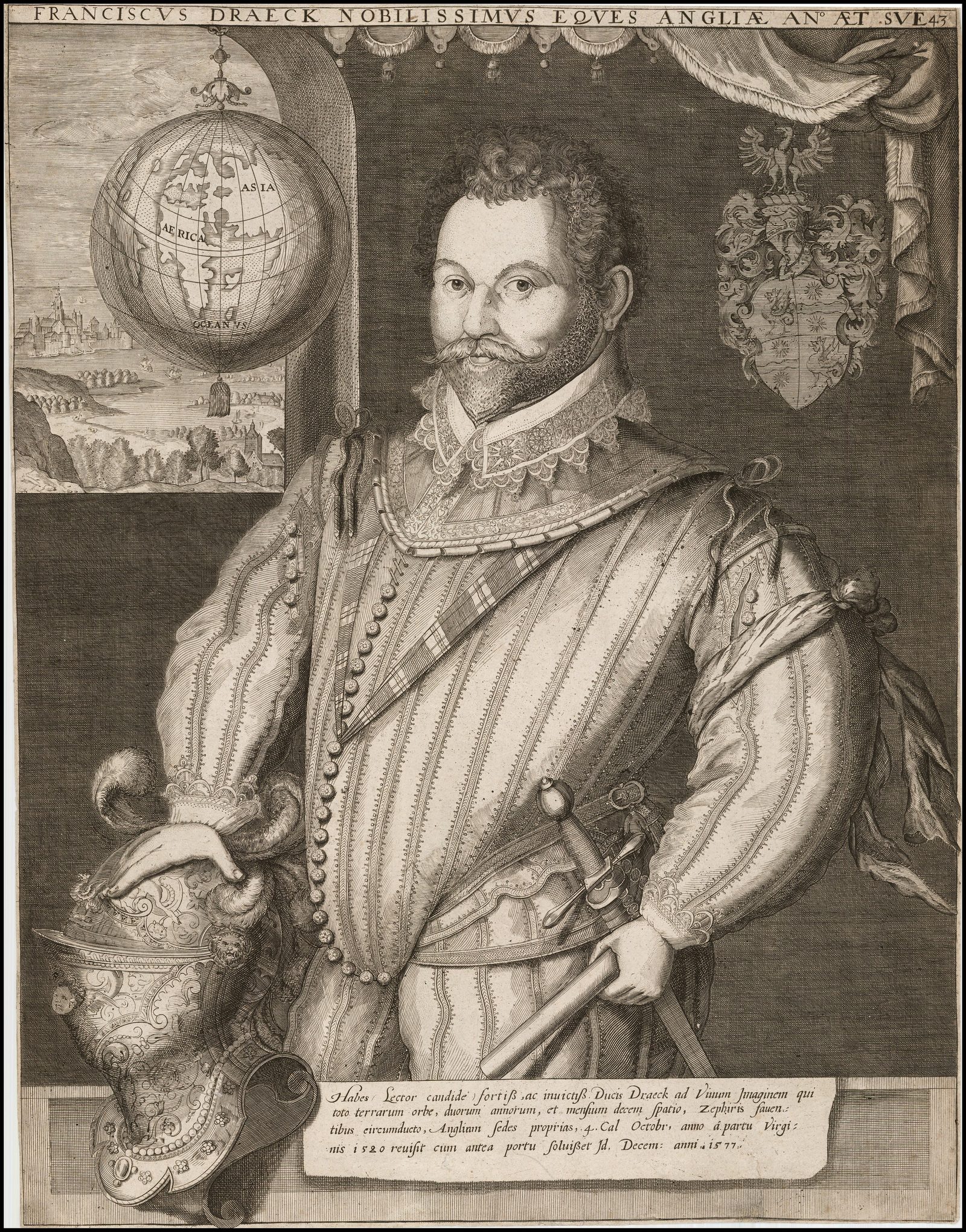 A contemporary 1583 engraved portrait of Sir Francis Drake, who led the 1589 English expedition that tried and failed to restore António to the Portuguese throne