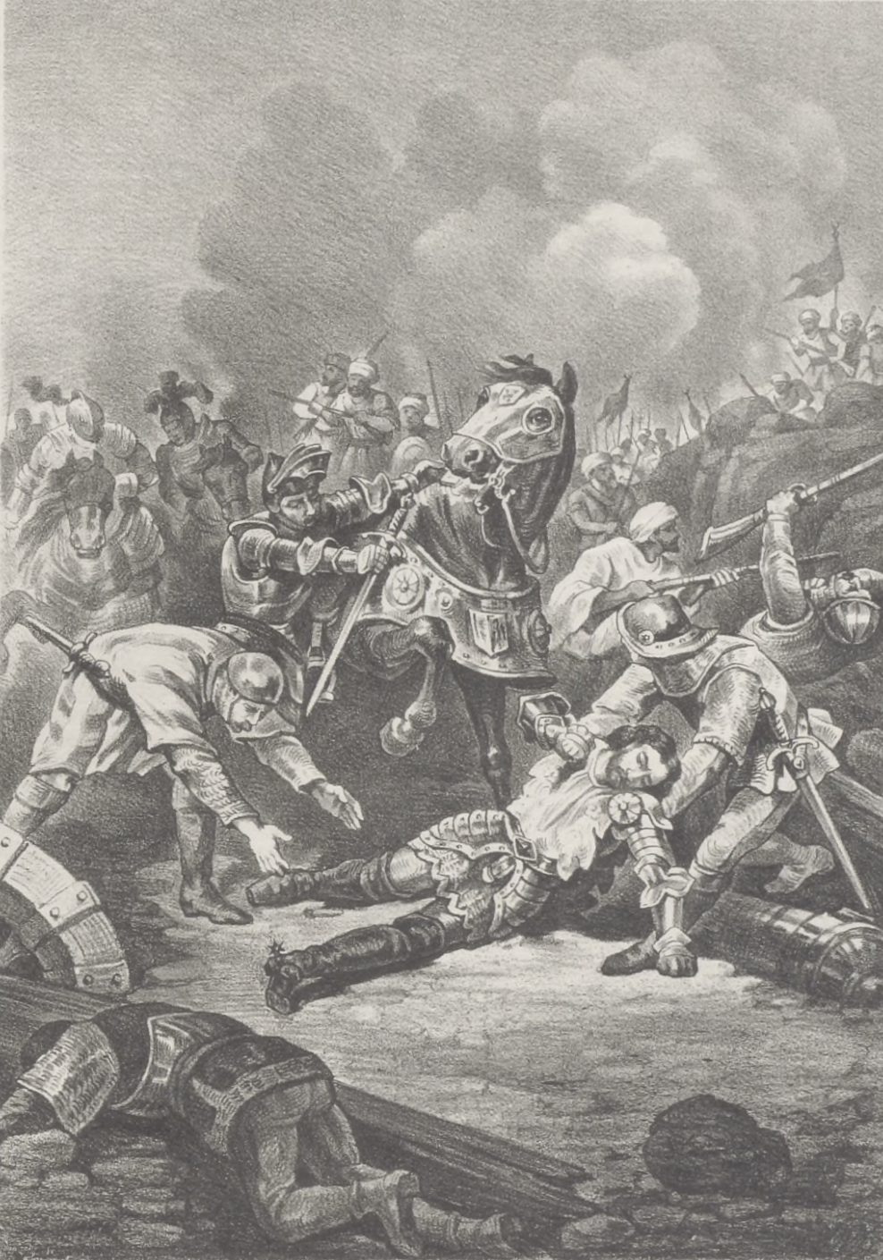 A later 19th-century lithograph imagining the death of King Sebastião at the Battle of Alcácer-Quibir in 1578, the disaster that triggered Portugal's succession crisis