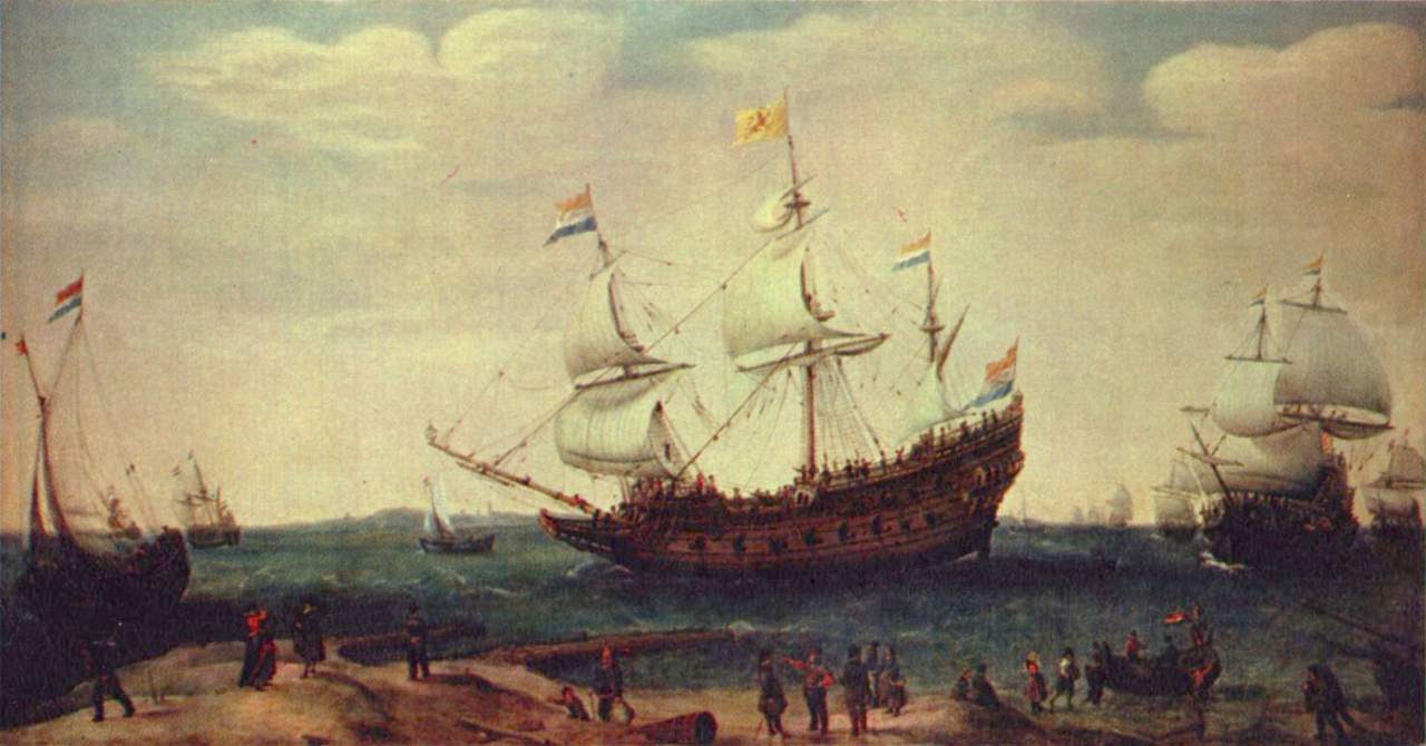 Dutch East Indiamen off the coast, painted by Hendrick Cornelisz Vroom