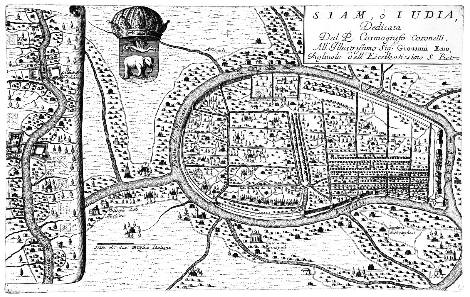 1696 engraved map of walled Ayutthaya on the Menam river, labeling the 'Quartiere de Portoghesi' among riverside settlements to the south