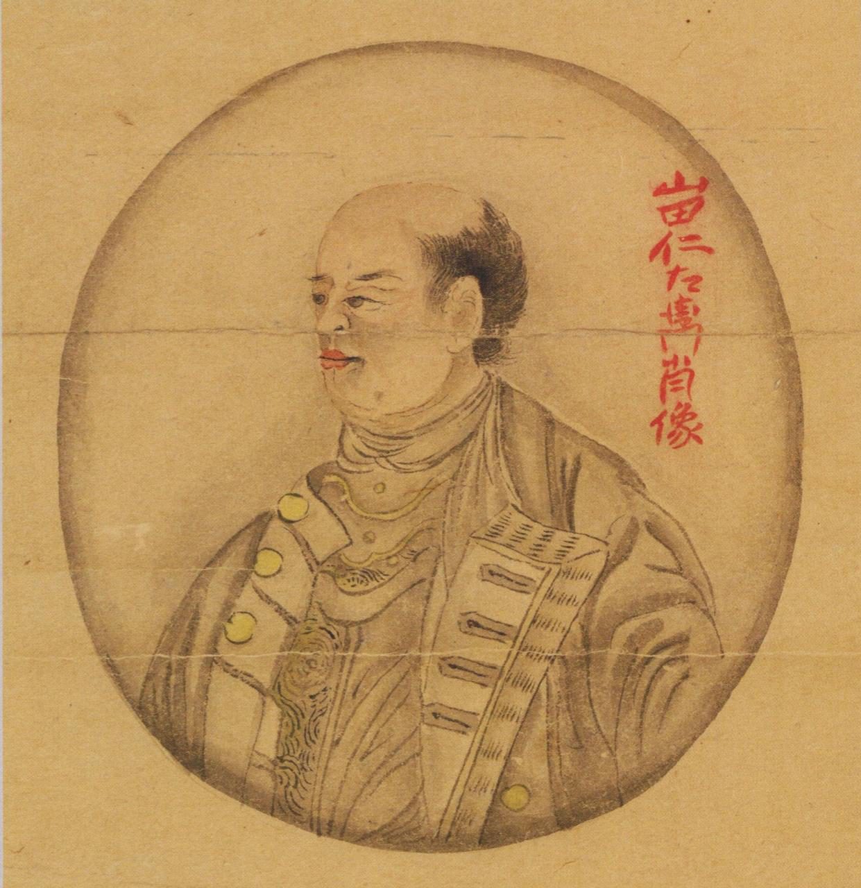 Oval Edo-period portrait of a bald man with a topknot in an embroidered coat with gilt buttons, Japanese characters naming him at right